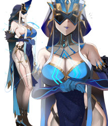 Rule 34 | 1girl, absurdres, bare shoulders, blue dress, blue gloves, blue headwear, blue lips, bodice, breasts, cleavage, covered navel, detached collar, dress, elbow gloves, eye mask, genshin impact, gloves, hat, high heels, highres, hip vent, large breasts, mirror maiden (genshin impact), multiple views, ormille, pants, parted lips, pelvic curtain, sideboob, white pants