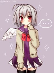 Rule 34 | ..., 1girl, bad id, bad pixiv id, black thighhighs, blush, bow, brown background, brown jacket, closed mouth, dress, feathered wings, grey hair, hair between eyes, hand up, highres, himetsuki luna, jacket, kishin sagume, long sleeves, open clothes, open jacket, purple dress, red bow, red eyes, simple background, single wing, sleeves past wrists, solo, sparkle, spoken ellipsis, sweat, thighhighs, touhou, twitter username, white wings, wings