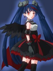 Rule 34 | 1girl, black dress, black thighhighs, black wings, blue eyes, blue hair, bow, closed mouth, commentary request, corruption, cure sky, cut bangs, cure sky (dark), dark persona, detached sleeves, dress, dress bow, earrings, empty eyes, feathered wings, from side, frown, gloves, grey gloves, highres, hirogaru sky! precure, jewelry, long hair, looking at viewer, m12ki, magical girl, multicolored hair, partial commentary, precure, puffy detached sleeves, puffy sleeves, red eyes, red hair, short dress, single wing, sleeveless, sleeveless dress, solo, standing, streaked hair, thighhighs, twintails, very long hair, wing hair ornament, wings