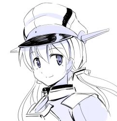 Rule 34 | 10s, 1girl, hat, kantai collection, long hair, looking away, military, military uniform, peaked cap, prinz eugen (kancolle), seo tatsuya, simple background, smile, solo, spot color, twintails, uniform, upper body, white background