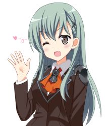 Rule 34 | 10s, 1girl, ;d, aqua hair, ascot, blush, grey eyes, hair ornament, hairclip, heart, icetiina, kantai collection, long hair, looking at viewer, one eye closed, open mouth, school uniform, simple background, smile, solo, suzuya (kancolle), upper body, waving, white background