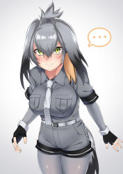 Rule 34 | ..., 10s, 1girl, bad id, bad pixiv id, belt, bird tail, bird wings, black gloves, black hair, blush, bodystocking, breast pocket, breasts, closed mouth, collared shirt, cowboy shot, feathered wings, fingerless gloves, gloves, green eyes, grey hair, grey shirt, grey shorts, head wings, highres, kemono friends, large breasts, leaning forward, long hair, looking at viewer, low ponytail, multicolored hair, necktie, orange hair, pocket, shirt, shoebill (kemono friends), short sleeves, shorts, side ponytail, solo, spicy moo, spoken ellipsis, tail, white necktie, wings