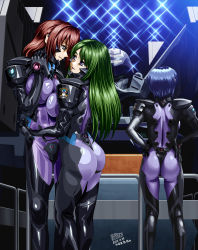 Rule 34 | 3girls, absurdres, ass, asymmetrical docking, blue hair, breast press, breasts, commission, fortified suit, green hair, grey eyes, hair behind ear, hands on own hips, hangar, highres, kashiwagi haruko, kazama touko, large breasts, long hair, looking up, mecha, medium breasts, multiple girls, munakata misae, muv-luv, muv-luv alternative, open mouth, pilot suit, popgun (22882502), red hair, robot, second-party source, short hair, skeb commission, skin tight, sparkle, tactical surface fighter, type 94 shiranui, yuri