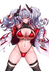Rule 34 | 1girl, bikini, breasts, cleavage, jacket, large breasts, looking at viewer, navel, open clothes, open jacket, original, red bikini, solo, standing, swimsuit, thigh strap, thighs, twintails, ulrich (tagaragakuin), white hair, yellow eyes