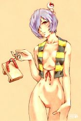 Rule 34 | 1girl, ayanami rei, bad hands, blue hair, bottomless, breasts, closed mouth, collarbone, cosplay, eyeball, eyebrows, female focus, gegege no kitarou, geta, hair over one eye, hand on own hip, hip focus, kitarou, kitarou (cosplay), kotatsu-spirit, looking at viewer, medama oyaji, navel, neon genesis evangelion, no pussy, parody, red eyes, sandals, short hair, signature, simple background, sketch, small breasts, solo, standing, thigh gap, toei animation, wide hips