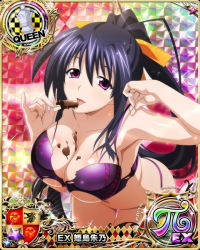 Rule 34 | 1girl, black hair, bra, breasts, card (medium), character name, chess piece, chocolate, cleavage, hair ribbon, high school dxd, high school dxd pi, himejima akeno, large breasts, leaning forward, licking, long hair, looking at viewer, navel, official art, open mouth, panties, ponytail, purple bra, purple eyes, purple panties, queen (chess), ribbon, solo, tongue, tongue out, torn bra, torn clothes, torn panties, trading card, underwear, underwear only, very long hair