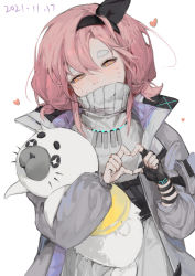 Rule 34 | 1girl, absurdres, arknights, black gloves, covered mouth, dated, facial mark, fingerless gloves, gloves, grey sweater, hair between eyes, half-closed eyes, hands up, heart, heart hands, highres, holding, holding stuffed toy, jewelry, long sleeves, looking at viewer, medium hair, necklace, pink hair, pudding (arknights), rectangular pupils, simple background, single glove, solo, stuffed seal, stuffed toy, sweater, turtleneck, turtleneck sweater, upper body, whisker markings, white background, yumingtongxue