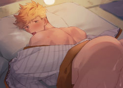 Rule 34 | 1boy, after anal, aftersex, ass, bara, bed, blonde hair, blush, cum, cum on ass, cum on male, granblue fantasy, green eyes, japanese clothes, kimono, lying, male focus, muscular, muscular male, naked kimono, nude, on back, on bed, on stomach, open mouth, pillow, short hair, solo, undercut, vane (granblue fantasy), yaoi