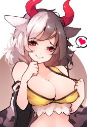 Rule 34 | 1girl, animal ears, bare shoulders, black hair, blush, breasts, brown background, chiroru (cheese-roll), cleavage, clenched hand, collarbone, commentary, cow ears, cow horns, crop top, hands up, haori, head tilt, heart, horns, japanese clothes, large breasts, long sleeves, looking at viewer, midriff, multicolored hair, off shoulder, red eyes, short hair, silver hair, smile, solo, split-color hair, spoken heart, sports bra, touhou, two-tone background, two-tone hair, upper body, ushizaki urumi, white background, wide sleeves