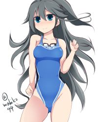 Rule 34 | 10s, 1girl, black hair, blue eyes, competition swimsuit, goggles, goggles around neck, kantai collection, katsuragi (kancolle), long hair, one-piece swimsuit, simple background, solo, swimsuit, testman, wahiko (black bastard)