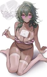 Rule 34 | 1girl, absurdres, bra, breasts, cleavage, controller, dark-skinned female, dark skin, double-parted bangs, green hair, hair between eyes, highres, large breasts, lingerie, long hair, looking at viewer, low twintails, mell (dmwe3537), original, panties, parted lips, pink nails, purple eyes, signature, sitting, striped bra, striped clothes, striped panties, stylus, thighhighs, tourbox, twintails, underwear, wariza, white thighhighs