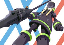 Rule 34 | 10s, black dress, black hat, blonde hair, character request, commentary request, darling in the franxx, dress, genista (darling in the franxx), gun, handgun, hat, holding, holding gun, holding weapon, looking at viewer, mecha, no humans, parted lips, purple eyes, revolver, robisonjr, robot, sidelocks, solo, standing, weapon