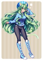 Rule 34 | 1girl, absurdres, animal ears, black pants, blue footwear, blue nails, blue shirt, blush, boots, breasts, brown eyes, cat ears, cat tail, commission, facial mark, fang, full body, green hair, highres, knee boots, large breasts, long hair, long sleeves, looking at viewer, nail polish, open mouth, original, pants, sasucchi95, shirt, sleeves past wrists, smile, solo, tail, very long hair
