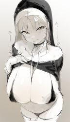 Rule 34 | 1girl, bad id, bad twitter id, between breasts, bikini, blush, breasts, commentary, greyscale, habit, heart, highres, huge breasts, long hair, looking at viewer, micro bikini, monochrome, naughty face, neck ribbon, nijisanji, nun, ribbon, sister claire, sister claire (1st costume), sketch, smile, solo, sound effects, swimsuit, symbol-only commentary, virtual youtuber, wasabi sushi