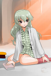 Rule 34 | 1girl, anchovy (girls und panzer), artist name, bare legs, book, breasts, cleavage, collarbone, dress, full body, girls und panzer, grey hair, hair between eyes, kneeling, long hair, looking to the side, matsui yasutsugu, medium breasts, red eyes, shiny skin, shirt, smile, socks, solo, very long hair, wing collar