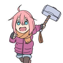 Rule 34 | 10s, 1girl, :d, blue eyes, hair between eyes, hammer, holding, holding weapon, kagamihara nadeshiko, long sleeves, low twintails, marvel, mjolnir (marvel), onsen tamago (hs egg), open mouth, orange scarf, pantyhose, pink hair, running, scarf, simple background, smile, solo, twintails, weapon, white background, winter clothes, yurucamp