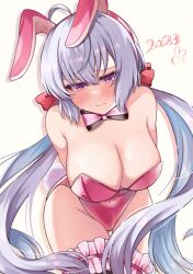 Rule 34 | 1girl, 2023, absurdres, animal ears, blue hair, blush, breasts, chinese zodiac, cleavage, colored inner hair, covered navel, embarrassed, fake animal ears, gluteal fold, grey hair, hair ribbon, highres, kasaki naru, large breasts, leaning forward, long hair, looking at viewer, multicolored hair, purple eyes, rabbit ears, red ribbon, ribbon, senki zesshou symphogear, solo, thigh strap, very long hair, white background, year of the rabbit, yukine chris