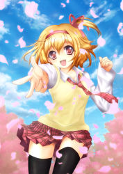 Rule 34 | 1girl, :d, black thighhighs, blazer, cherry blossoms, jacket, open mouth, orange hair, original, outstretched hand, pink eyes, school uniform, shindou hayato, sky, smile, solo, thighhighs, wind, wind lift