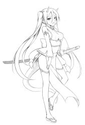 Rule 34 | 1girl, bad id, bad pixiv id, greyscale, horns, long hair, monochrome, peach88, pointy ears, solo, sword, thighhighs, twintails, weapon
