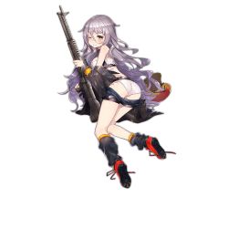 Rule 34 | 1girl, ass, bipod, breasts, clothes pull, crop top, damaged, full body, general-purpose machine gun, girls&#039; frontline, gun, hair between eyes, unworn headwear, helmet, unworn helmet, holding, holding gun, holding weapon, holster, jacket, leg warmers, light purple hair, long hair, looking at viewer, looking back, m60, m60 (girls&#039; frontline), machine gun, medium breasts, midriff, mika pikazo, official art, one eye closed, panties, panties under shorts, red footwear, shoelaces, shoes, short shorts, shorts, shorts pull, sneakers, solo, tears, thigh holster, thigh strap, torn clothes, transparent background, underwear, very long hair, weapon, white panties, wince