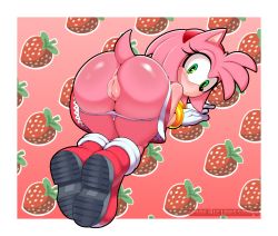 Rule 34 | 1girl, absurdres, amy rose, animal ears, anus, artist name, ass, boots, border, cleft of venus, delicious soup, dress, food print, from behind, furry, green eyes, hairband, highres, huge ass, looking at viewer, looking back, panties, panty pull, parted lips, pink hair, pussy, red background, red dress, red footwear, shiny skin, solo, sonic (series), strawberry print, tail, top-down bottom-up, uncensored, underwear, white border, white panties
