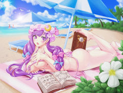 Rule 34 | 1girl, ass, barefoot, beach, bikini, book, breasts, feet, female focus, holding with feet, hat, jeibii, large breasts, lens flare, long hair, patchouli knowledge, purple eyes, purple hair, solo, swimsuit, toes, touhou, umbrella