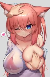 Rule 34 | 1girl, ;), animal ear fluff, animal ears, arms behind back, bare shoulders, blue eyes, grabbing another&#039;s breast, breasts, clothes pull, collarbone, eyes visible through hair, gesture, grabbing, hair between eyes, headpat, heart, highres, kaptivate, lactation, large breasts, long hair, multicolored eyes, one eye closed, orange hair, original, purple eyes, red hair, see-through, see-through shirt, shirt, shirt pull, sidelocks, smile, taut clothes, taut shirt, tight clothes, upper body, very long hair