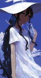 Rule 34 | 1girl, absurdres, black hair, blue ribbon, blue sky, cloud, cloudy sky, cup, dress, drinking, hair ribbon, hat, highres, holding, holding cup, ice, ice cube, lead white (tsurunoka), long hair, original, red eyes, ribbon, shadow, short sleeves, sky, solo, tsumetai (tsurunoka), upper body, very long hair, white dress, white hat, witch hat