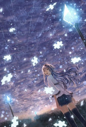 Rule 34 | 1girl, cloud, cloudy sky, dutch angle, from behind, highres, lamppost, long hair, looking back, original, purple hair, puzzle piece, sakimori (hououbds), sky, smile, solo, thighhighs