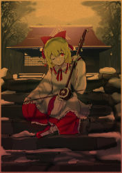 Rule 34 | ancient, architecture, blonde hair, bow, bow (music), collared shirt, east asian architecture, erhu, frilled bow, frilled shirt, frilled shirt collar, frilled skirt, frills, hair bow, hakurei shrine, highres, instrument, japanese clothes, kirisame-nununu, long sleeves, music, one eye closed, outdoors, playing instrument, red bow, red eyes, red footwear, red ribbon, red skirt, ribbon, ribbon-trimmed sleeves, ribbon trim, satsuki rin, sepia, shinto, shirt, short hair, shrine, sitting, sitting on stairs, skirt, smile, snow, stairs, stone stairs, temple, touhou, white shirt