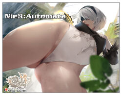 Rule 34 | 1girl, 2b (nier:automata), artist logo, black blindfold, black hairband, blindfold, border, breasts, building, cameltoe, crotch, feather-trimmed sleeves, from below, gluteal fold, groin, hairband, highleg, highleg leotard, highres, hu dako, leotard, lips, medium breasts, mole, mole under mouth, nier:automata, nier (series), parted lips, patreon username, short hair, solo, sword, thighs, weapon, wedgie, white border, white hair