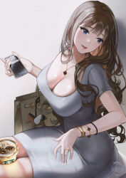 Rule 34 | 1girl, absurdres, artist logo, bag, between thighs, blue eyes, breasts, brown hair, cleavage, dress, gold bracelet, grey dress, highres, holding, holding phone, iced coffee, jewelry, lips, long hair, multiple bracelets, necklace, original, parted lips, phone, ring, short sleeves, sitting, solo, starbucks, subong, sweat