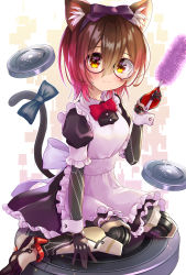 Rule 34 | 1girl, absurdres, alternate costume, android, animal ears, apron, black dress, blush, bow, brown eyes, brown hair, cat ears, chocomarybadend, dress, duster, enmaided, glasses, gradient hair, hair bow, highres, holding, holding duster, hololive, kemonomimi mode, maid, maid apron, mechanical arms, mechanical legs, multicolored hair, pink hair, purple bow, red bow, roboco-san, robotic vacuum cleaner, round eyewear, science fiction, short hair, sitting, solo, teardrop-framed glasses, virtual youtuber, wariza, wrist cuffs