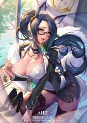 Rule 34 | 1girl, ahri (league of legends), animal ears, black hair, blush, breasts, brown eyes, cian yo, cleavage, fox ears, glasses, highres, jewelry, lace, lace-trimmed legwear, lace trim, large breasts, league of legends, lips, long hair, miniskirt, nipple slip, nipples, office lady, parted lips, ponytail, pussy juice, ring, skirt, solo, thighhighs