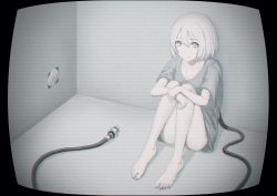 Rule 34 | 1girl, bad id, bad twitter id, barefoot, bottomless, breasts, cleavage, closed mouth, collarbone, electric plug, electrical outlet, fetal position, highres, looking at viewer, medium breasts, original, pink eyes, power cord, short hair, sitting, solo, teraguchi, white hair