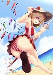 Rule 34 | 1girl, ass, bare legs, beach, beach umbrella, bikini, blonde hair, blue sky, bow, cloud, cloudy sky, competition swimsuit, day, fangs, flandre scarlet, foreshortening, hair between eyes, hat, hat bow, highres, holding, holding umbrella, looking at viewer, miniskirt, ocean, one-piece swimsuit, open mouth, outdoors, pleated skirt, red bikini, red bow, red eyes, red one-piece swimsuit, red skirt, running, sand, shoe soles, sinkai, skirt, sky, smile, solo, striped bikini, striped clothes, summer, swimsuit, touhou, umbrella, wings
