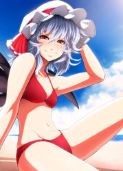 Rule 34 | 1girl, aged up, arm support, bad id, bad pixiv id, beach, bikini, blue hair, breasts, cloud, day, female focus, hand on headwear, hat, hip focus, imizu (nitro unknown), lips, navel, outdoors, red bikini, red eyes, remilia scarlet, sitting, sky, slit pupils, small breasts, smile, solo, squinting, swimsuit, touhou, wings