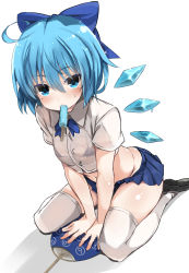 Rule 34 | 1girl, ahoge, alternate costume, aqua eyes, aqua hair, arm support, belly, blue skirt, blush, bow, bra, breasts, circled 9, cirno, crop top, fang, food, from above, greatmosu, hair bow, hair ornament, hair ribbon, hand fan, highres, ice, ice wings, kneeling, looking at viewer, looking up, medium breasts, microskirt, midriff, miniskirt, mouth hold, navel, pleated skirt, plump, popsicle, ribbon, school uniform, see-through, shoes, short hair, short sleeves, simple background, sitting, skirt, solo, sparkle, sweat, thighhighs, touhou, undersized clothes, underwear, wariza, white background, white thighhighs, wings