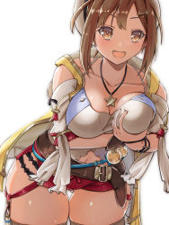 Rule 34 | 1girl, artist request, atelier (series), atelier ryza, back, blush, breast hold, breasts, brown eyes, brown hair, cleavage, collarbone, deep skin, female focus, grabbing, grabbing another&#039;s breast, groping, hair ornament, hairclip, hat, highres, large breasts, looking at viewer, midriff, narc39taze, navel, open mouth, red shorts, reisalin stout, short hair, short shorts, shorts, smile, solo, sweat, thick thighs, thighhighs, thighs, white hat, white thighhighs, wide hips