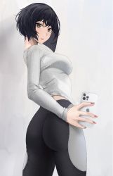 Rule 34 | 1girl, ass, black hair, black pants, blush, breasts, brown eyes, cellphone, chinese commentary, commentary request, from behind, holding, holding phone, iphone, large breasts, long sleeves, looking at viewer, nail polish, original, pants, parted lips, phone, pigeon (wejil), red nails, shirt, short hair, smartphone, thighs, white shirt