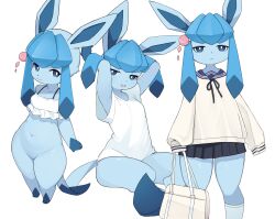 animal_hands armpits arms_up bag black_skirt blue_eyes blue_hair blue_sailor_collar bottomless contrast creatures_(company) crop_top dot_nose flat_chest frilled_shirt frills furry furry_female game_freak gen_4_pokemon glaceon hair_ornament highres kneehighs light_frown light_smile liteee long_hair looking_at_viewer multiple_views naked_shirt navel nintendo no_pussy open_mouth original pleated_skirt pokemon pokemon_(creature) sailor_collar school_bag school_uniform serafuku shirt simple_background skirt sleeves_past_fingers sleeves_past_wrists socks tail v-neck white_background white_serafuku wide_hips