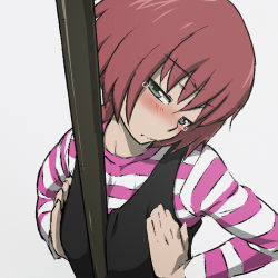 Rule 34 | 00s, 1girl, between breasts, blush, breasts, breasts squeezed together, darker than black, flat chest, green eyes, kanna asuke, lowres, naizuri, paizuri, pole, red hair, sexually suggestive, solo, striped, suou pavlichenko, tears