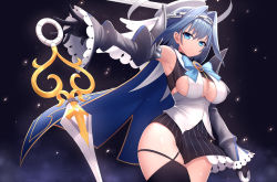 Rule 34 | 1girl, absurdres, asymmetrical clothes, black gloves, blue cape, blue hair, blue ribbon, bow, bow earrings, breasts, bu li, cape, chain, cleavage cutout, clothing cutout, detached sleeves, earrings, gloves, hair intakes, halo, headband, heart-shaped gem, highres, hololive, hololive english, jewelry, large breasts, mechanical halo, micro shorts, miniskirt, ouro kronii, ouro kronii (1st costume), ribbon, ribbon earrings, sailor collar, shirt, short hair, shorts, skirt, sleeveless, sleeveless shirt, solo, sweater, turtleneck, turtleneck sweater, underboob, veil, virtual youtuber, zipper