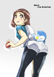 Rule 34 | 1girl, ass, black pantyhose, blue shirt, blush, breasts, brown eyes, brown hair, character name, creatures (company), drop shadow, english text, female focus, from behind, from below, game freak, gen 4 pokemon, grey background, hair between eyes, hair down, hand up, highres, holding, holding poke ball, looking at viewer, looking back, matching hair/eyes, nintendo, open mouth, pantyhose, piplup, poke ball, poke ball (basic), pokemon, pokemon (anime), pokemon (creature), pokemon the movie: i choose you!, shirt, short hair, short shorts, short sleeves, shorts, simple background, small breasts, smile, solo focus, standing, teeth, text focus, verity (pokemon), wet, wet clothes, wet hair, white shorts, yuuichi (reductionblack)