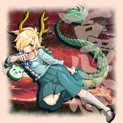 Rule 34 | 1girl, black footwear, blonde hair, blue bow, blue bowtie, blue shirt, bow, bowtie, carbohydrate (asta4282), character name, collarbone, dragon girl, dragon horns, dragon tail, eyes visible through hair, full body, green scales, green skirt, horns, kicchou yachie, looking at viewer, messy hair, otter spirit (touhou), puffy sleeves, red eyes, shirt, short hair, skirt, socks, tail, touhou, turtle shell, very long tail, white socks