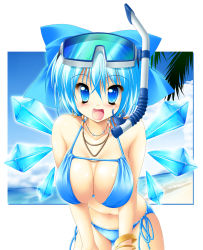 Rule 34 | 1girl, bikini, blue eyes, blue hair, bow, bracelet, breasts, cirno, cleavage, diving mask, diving mask on head, goggles, goggles on head, hair bow, jewelry, kamiya tomoe, large breasts, leaning forward, matching hair/eyes, necklace, aged up, open mouth, ribbon, side-tie bikini bottom, skindentation, snorkel, solo, string bikini, swimsuit, touhou, wings, yousei daisensou