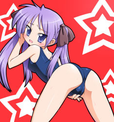 Rule 34 | 00s, 1girl, ass, blue eyes, blush, cameltoe, cleft of venus, female masturbation, from behind, hiiragi kagami, lucky star, masturbation, masturbation through clothes, one-piece swimsuit, open mouth, purple hair, pussy juice, pussy juice trail, school swimsuit, solo, sweat, swimsuit, tanuki yousuke, twintails