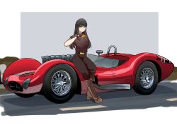 Rule 34 | 1girl, belt, black belt, boots, brown footwear, brown gloves, brown jumpsuit, car, commentary, commission, english commentary, gloves, highres, holding, holeecrab, jumpsuit, looking at viewer, motor vehicle, one eye closed, original, race vehicle, racecar, racing suit, road, second-party source, shadow, smile, solo, stephanie mcclaire (sir revs a lot), sunglasses, unworn eyewear, vehicle focus, vehicle request