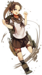 Rule 34 | 10s, 1girl, :d, ankle boots, armor, armored boots, ayanami (kancolle), blush, boots, brown eyes, brown hair, cannon, clenched hand, full body, genyaky, highres, kantai collection, long hair, machinery, motion lines, open mouth, school uniform, serafuku, shirt, short sleeves, side ponytail, simple background, smile, solo, thigh strap, turret, white background, white shirt