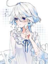 Rule 34 | 1girl, :i, ahoge, blue eyes, blue hair, blue ribbon, blush, closed mouth, collarbone, commentary request, drop-shaped pupils, eyelashes, flying sweatdrops, frilled nightgown, frilled sleeves, frills, furina (genshin impact), genshin impact, hair between eyes, hair intakes, hand up, heterochromia, long hair, long sleeves, looking to the side, mismatched pupils, multicolored hair, nightgown, parted bangs, pillow, pout, raised eyebrows, ribbon, see-through, see-through sleeves, shinoo0915, sidelocks, simple background, solo, streaked hair, swept bangs, symbol-shaped pupils, translation request, upper body, white background, white hair, white nightgown, white ribbon